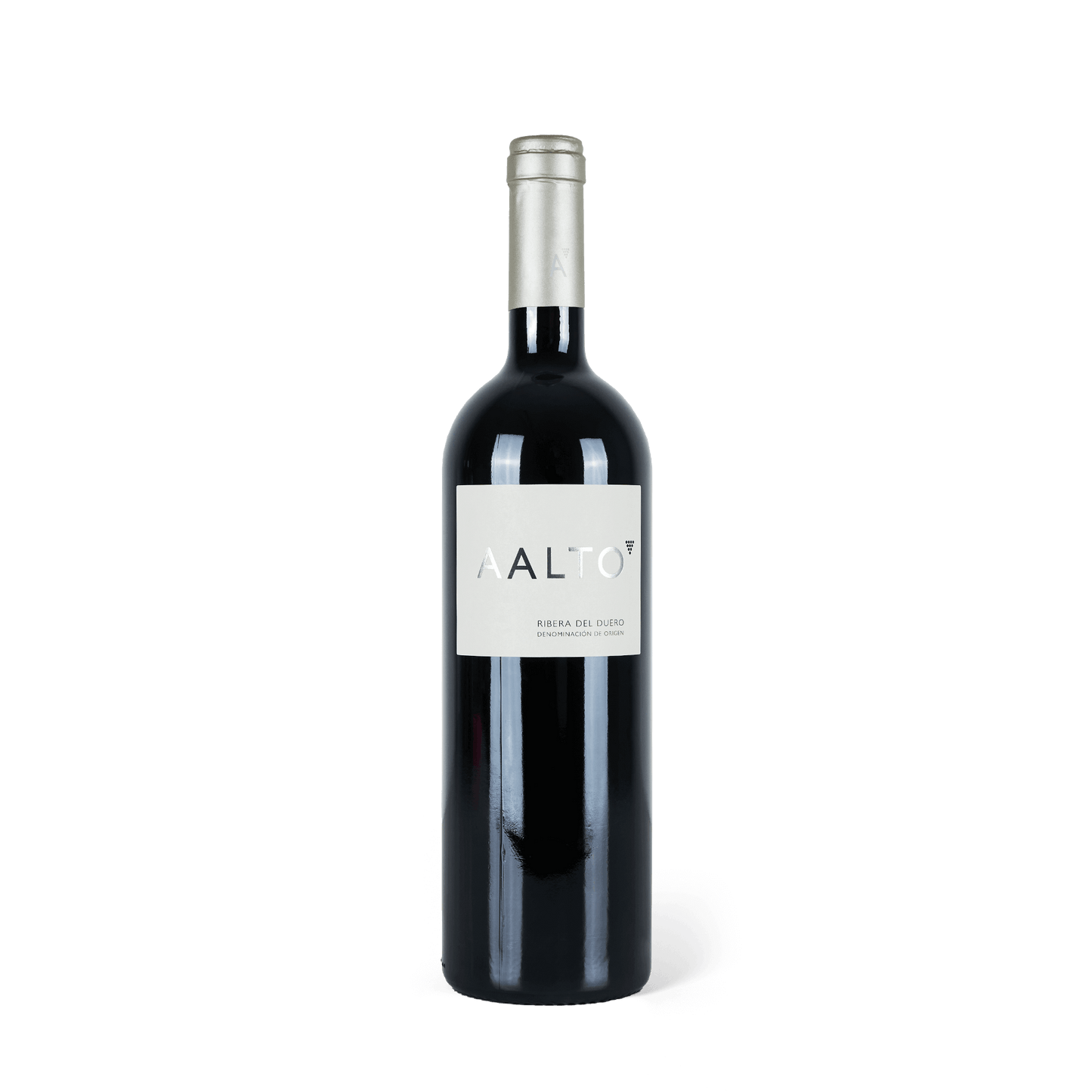 Stehende Weinflasche, Schriftzug AALTO, weißes Etikett auf dunkler Flasche