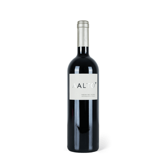 Stehende Weinflasche, Schriftzug AALTO, weißes Etikett auf dunkler Flasche