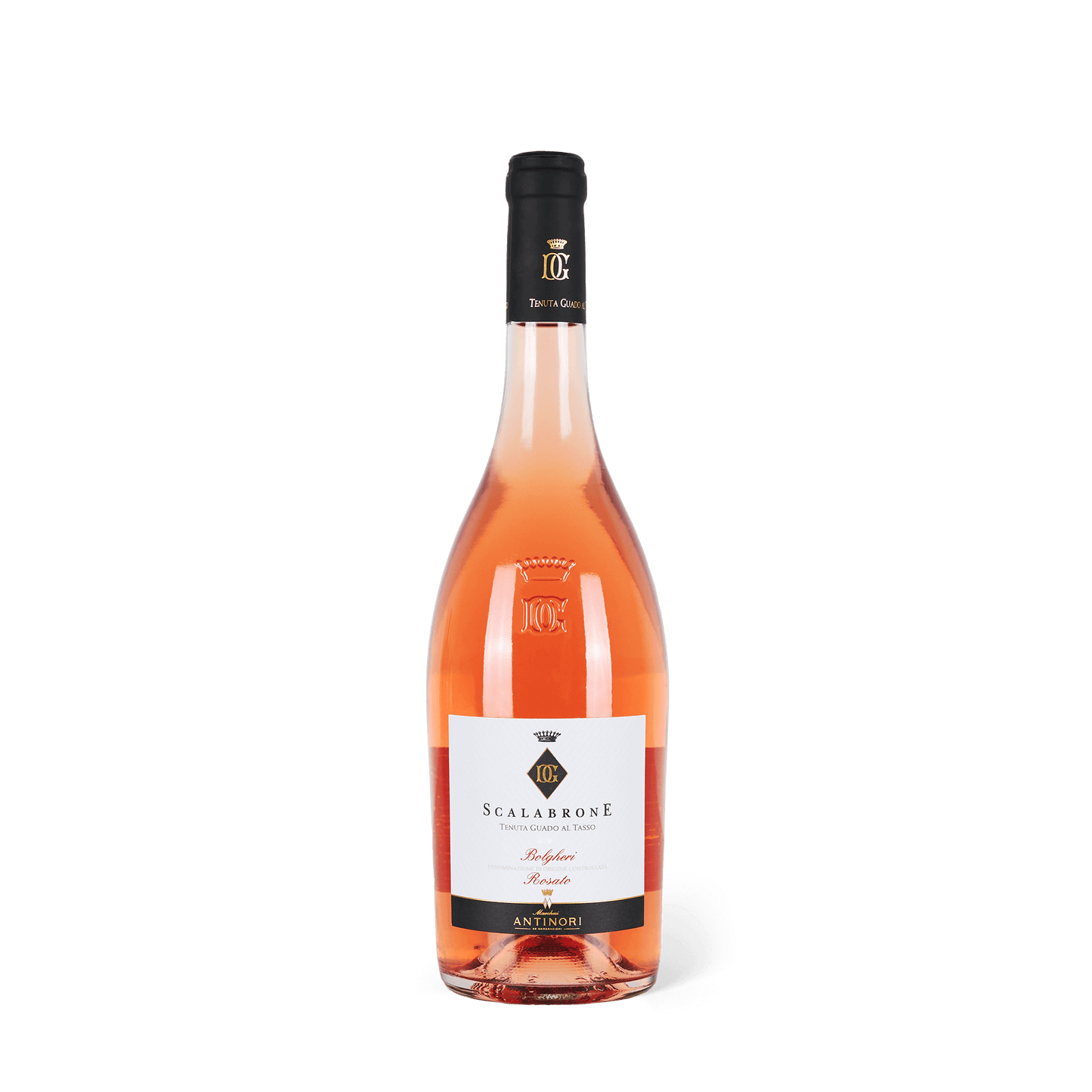 Weinflasche stehend, schwarze Banderole, weißes Etikett mit Aufschrift Scolarbrone Rosato