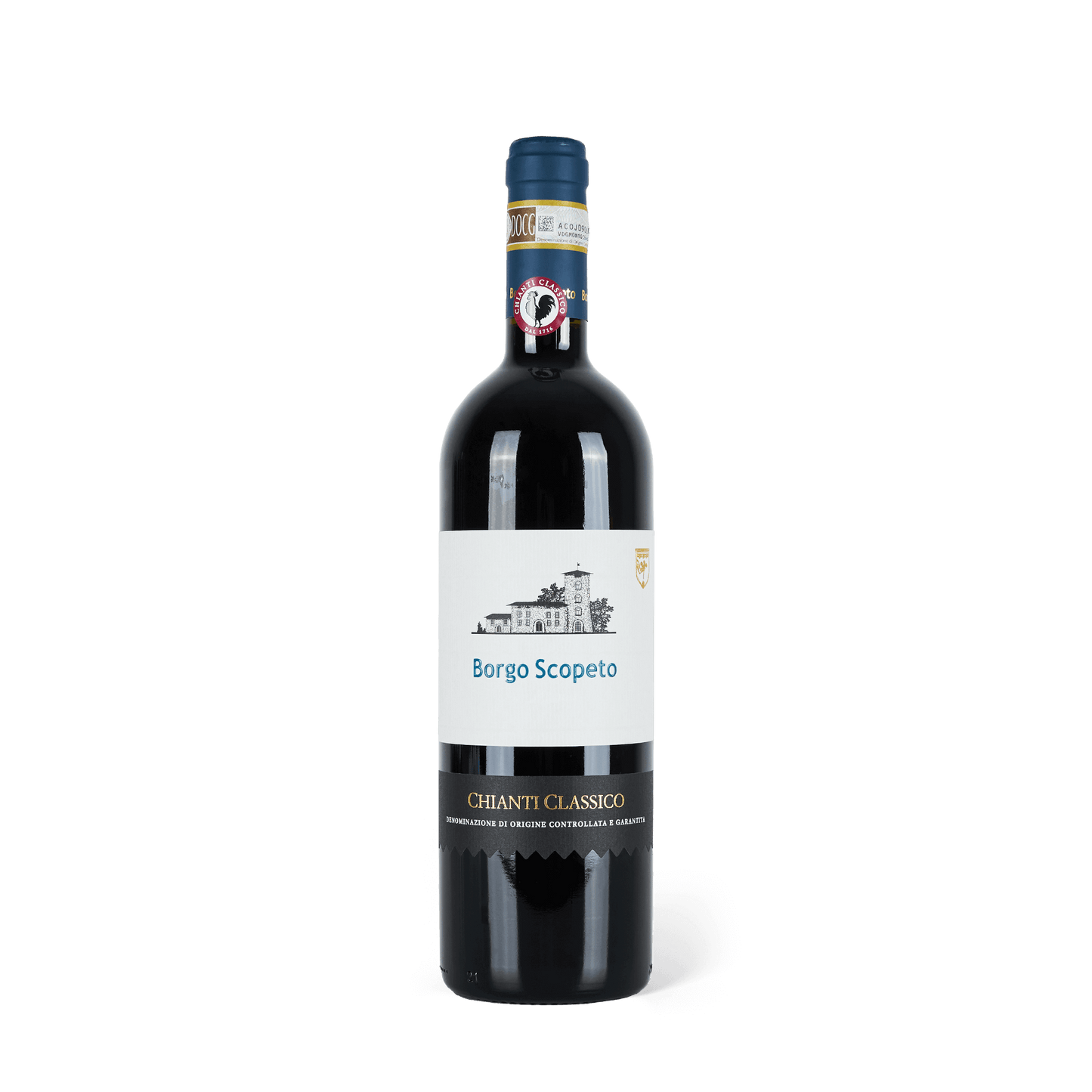 Rotweinflasche stehend, blaue Banderole, weißes Etikett mit blauer Aufschrift: " Borgo Scopeto, Chianti Classico"