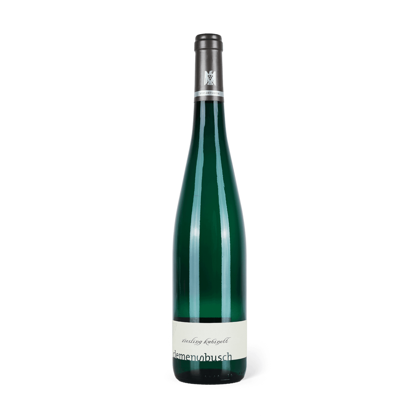 Weinflasche stehend, graue Banderole, weißes Etikett mit Aufschrift: Riesling Kabinett