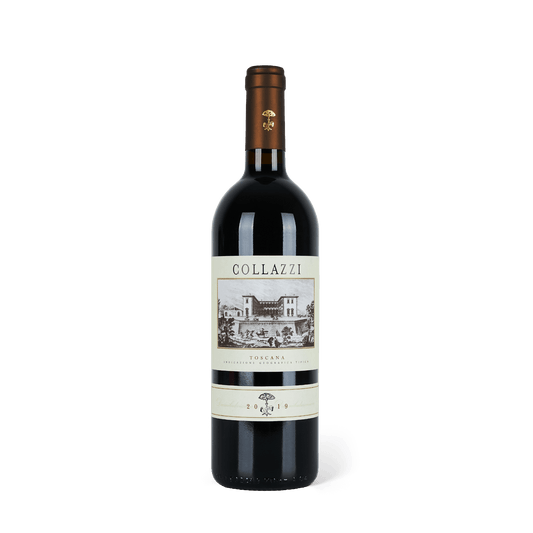 Roweinflasche stehend, dunkelrote Banderole, weißes Etikett mit schwarzer Schrift:  " Collazzi - Toscana IGT 2019" und einem Bild des Weinguts