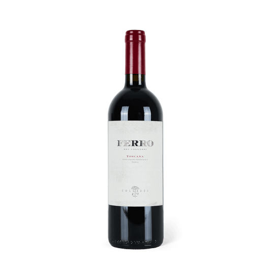 Roweinflasche stehend, dunkelrote Banderole, weißes Etikett mit schwarzer Aufschrift : "Ferro Colazzi Toscana 2017"