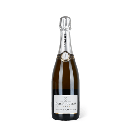 Champagnerflasche stehend, silberne Banderole, weißes Etikett mit Aufschrift: "Louis Roederer Blancs de Blancs 2014"