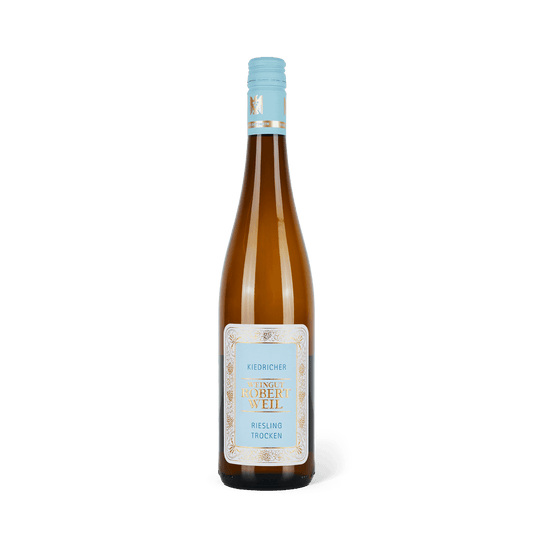 braune Rieslingflasche stehend mit türkisem Etikett mit der Aufschrift "WEINGUT ROBERT WEIL"
