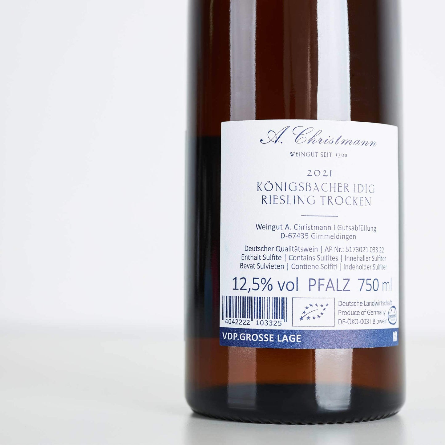 Weinflasche Rückseite mit Etikett: "A. Christmann Weingut seit 1798"