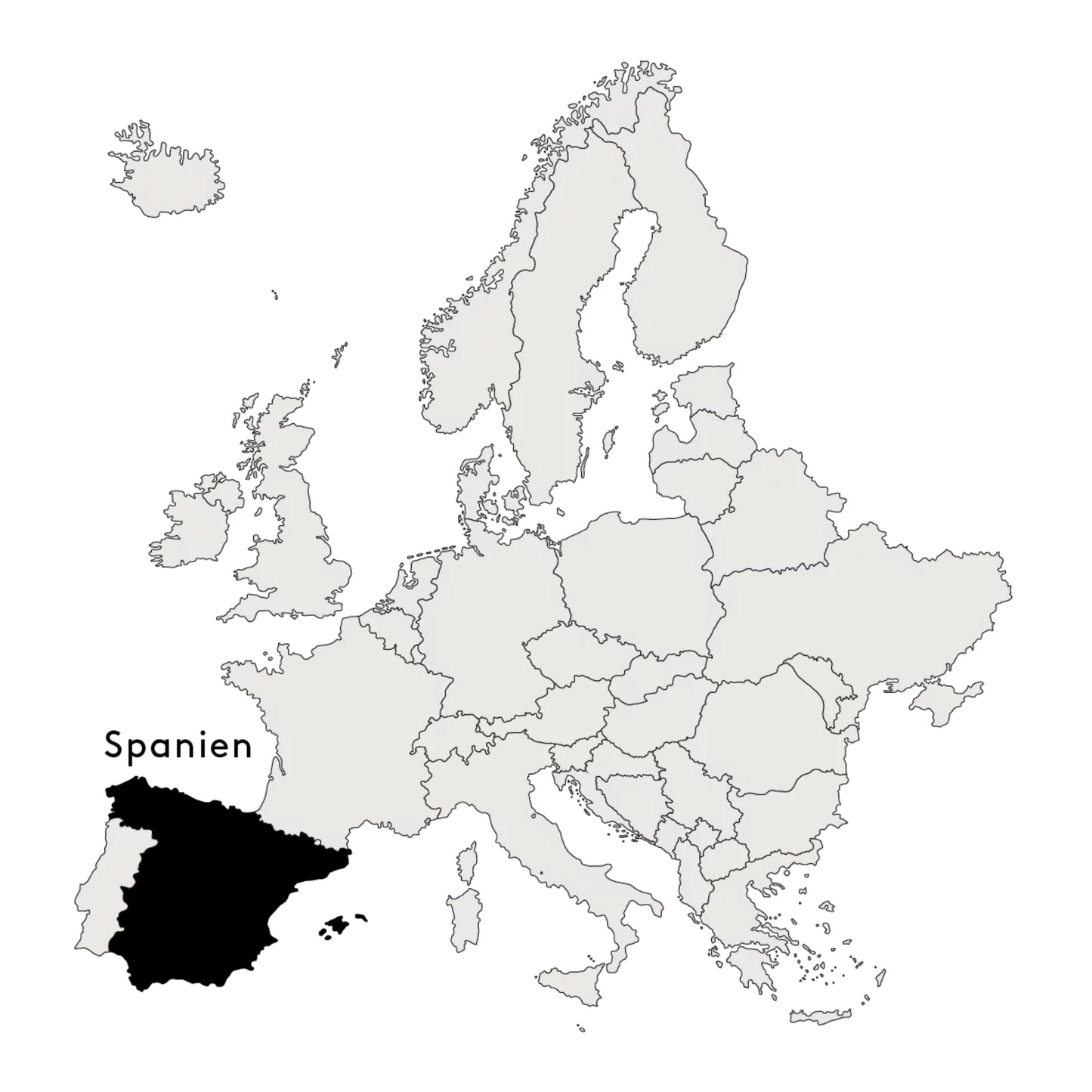 Europakarte in Umrissen, auf der Spanien als Herkunftsland der Chips markiert ist