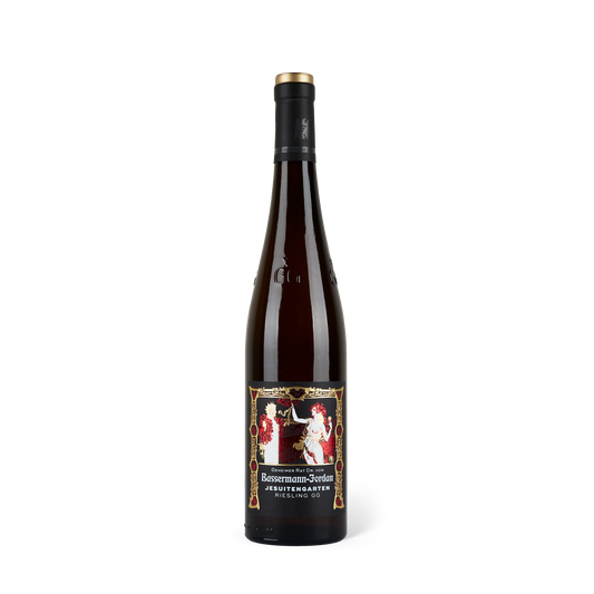 Weinflasche stehend, schwarze Banderole, schwarzes Etikett mit der Aufschrift: "Bassermann-Jordan Jesuitengarten GG"