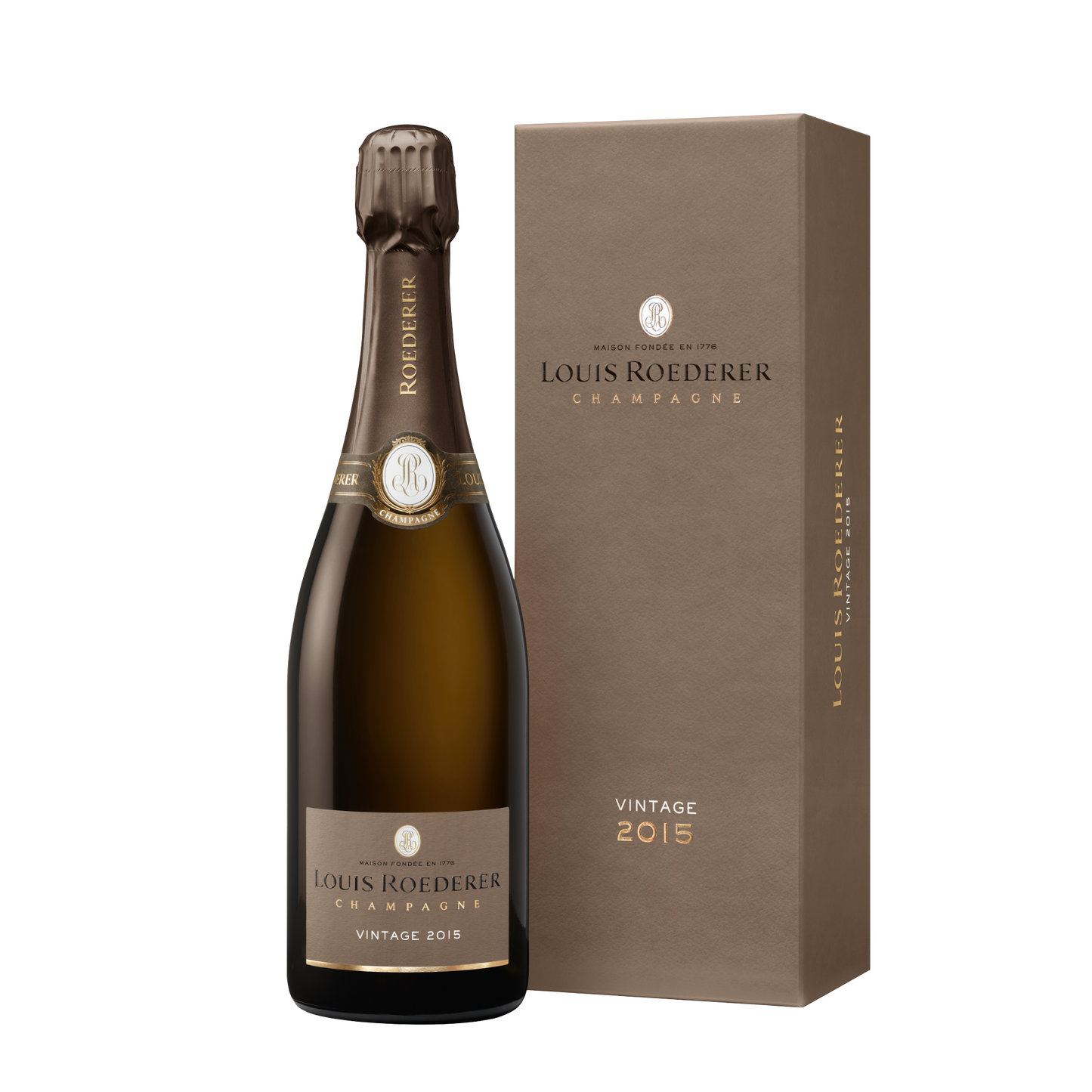Champagner aus dem Hause Roederer stehend neben einer eleganten, braunen Geschenkverpackung