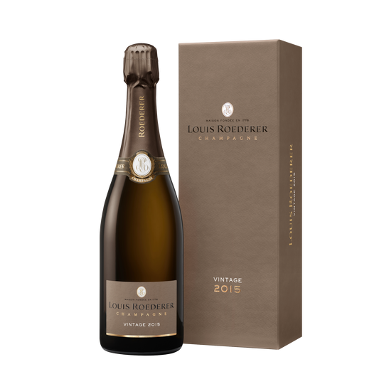 Champagner aus dem Hause Roederer stehend neben einer eleganten, braunen Geschenkverpackung