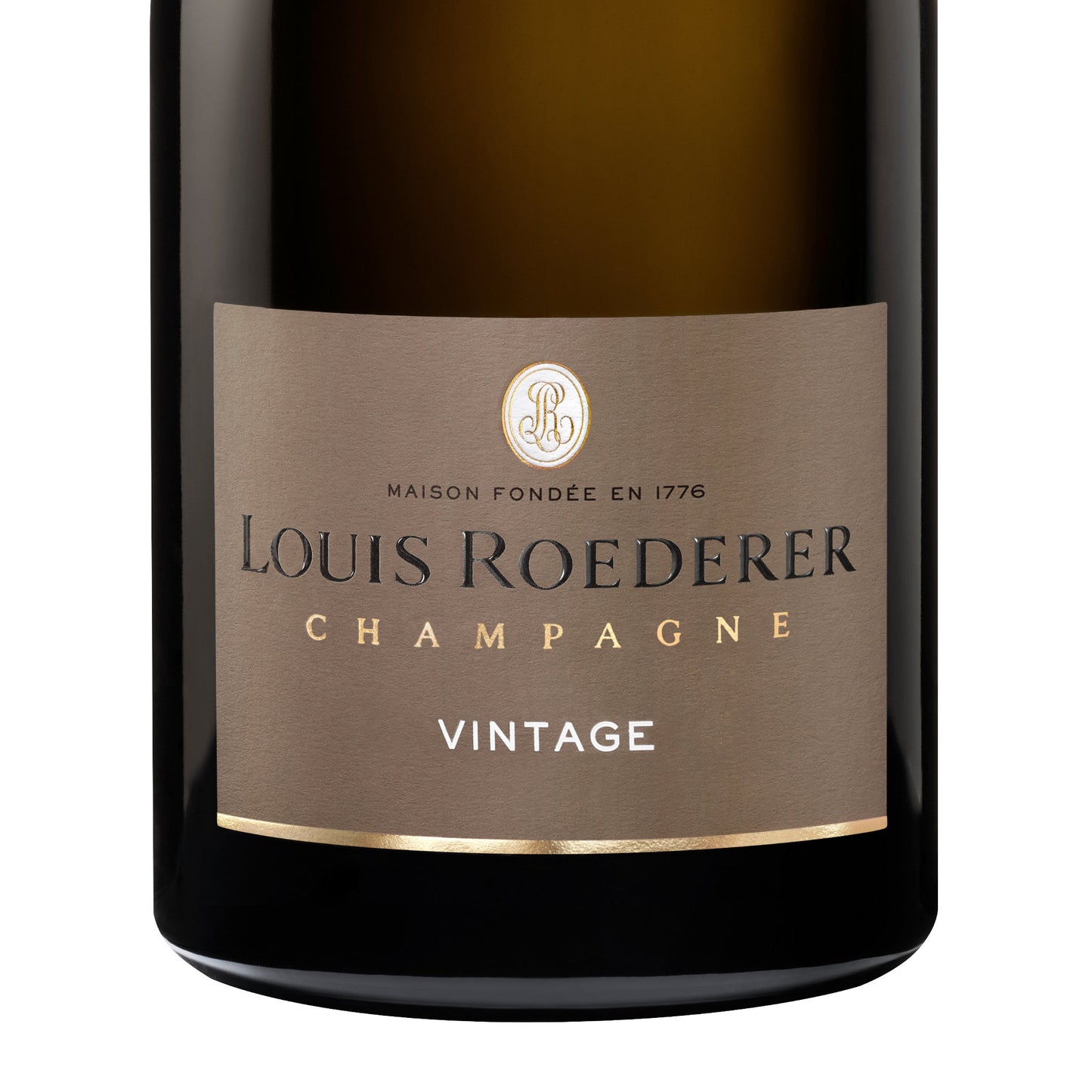 Etikett des Champagners in Großaufnahme beschriftet mit "Louis Roederer, Champagner, Vintage"