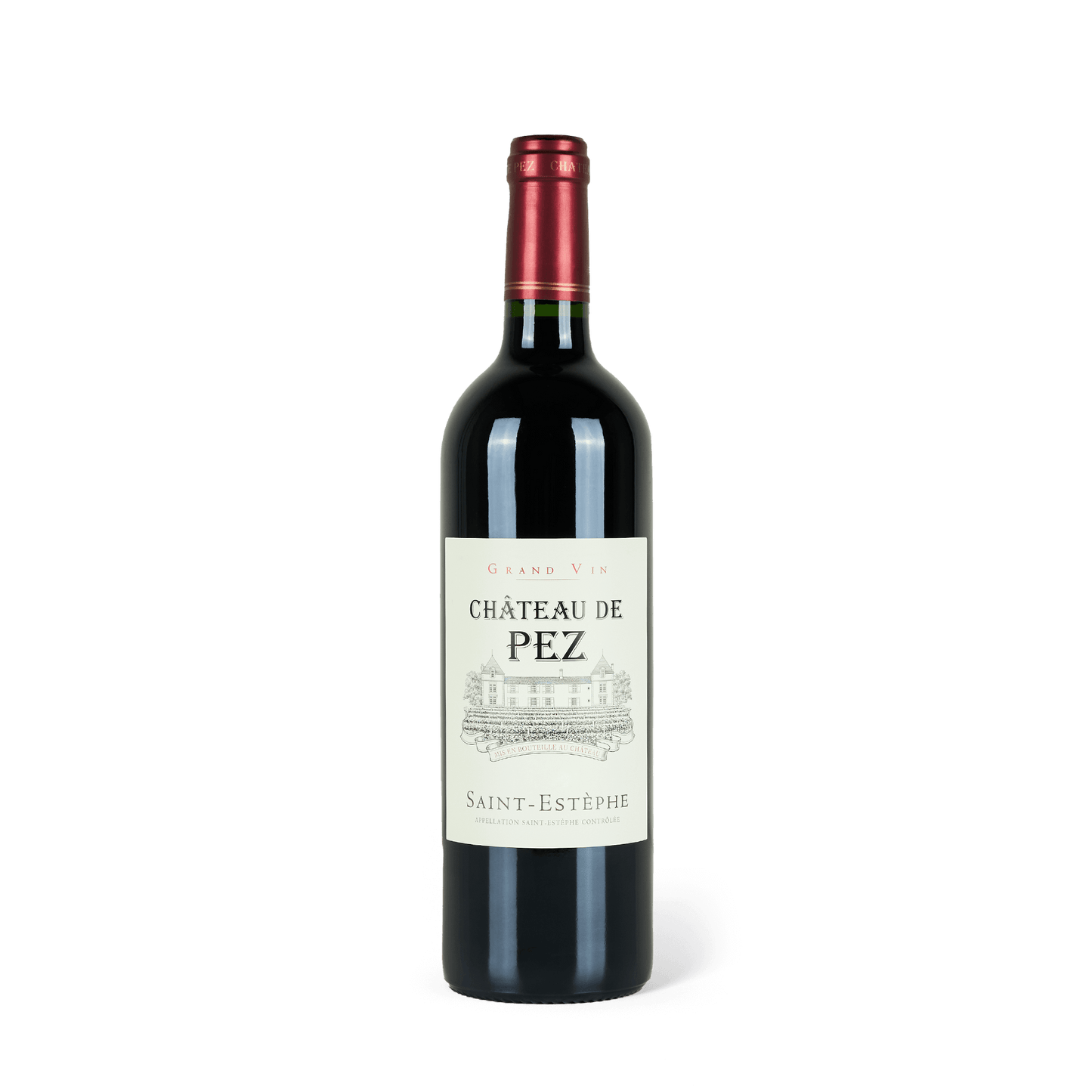 Rotweinflasche stehend, rote Banderole, weißes Etikett mit der Aufschrift: Chateu de Pez