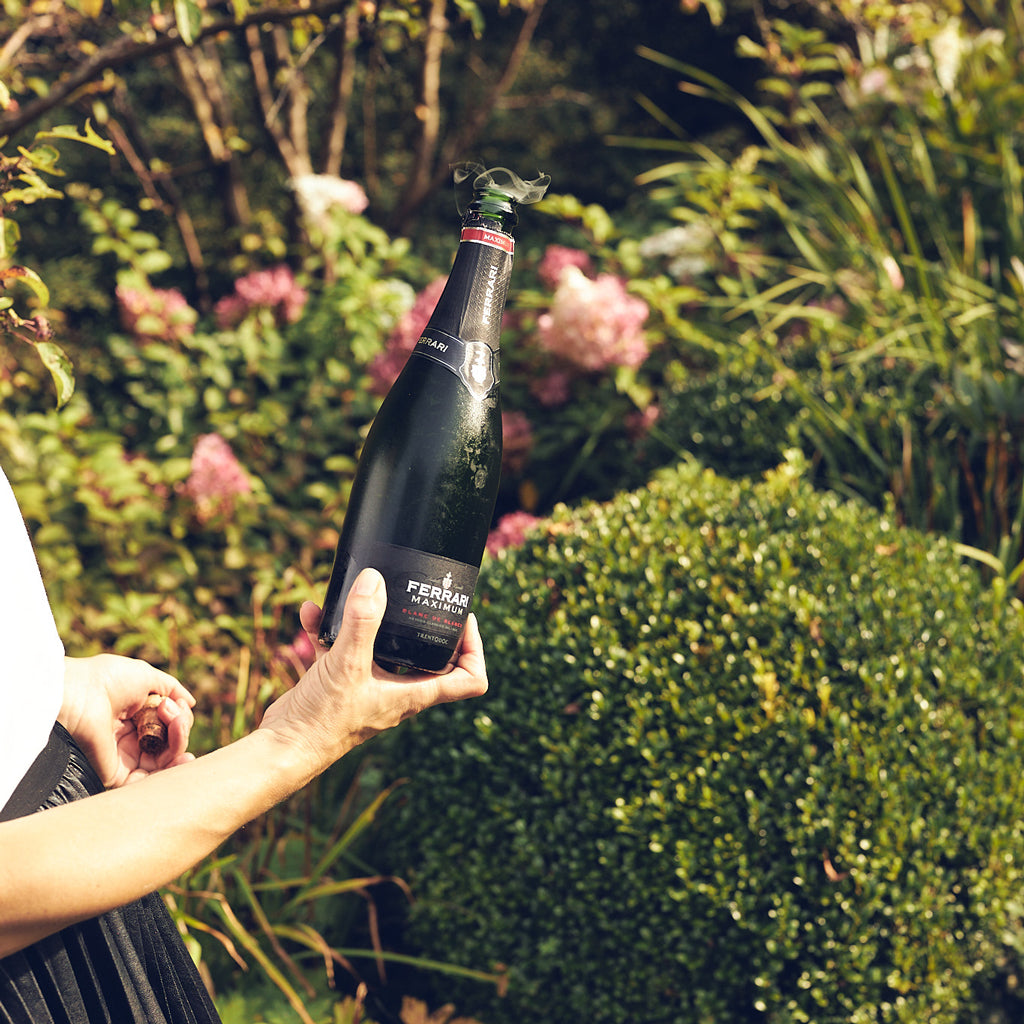 Eine Flasche Schaumwein im Garten