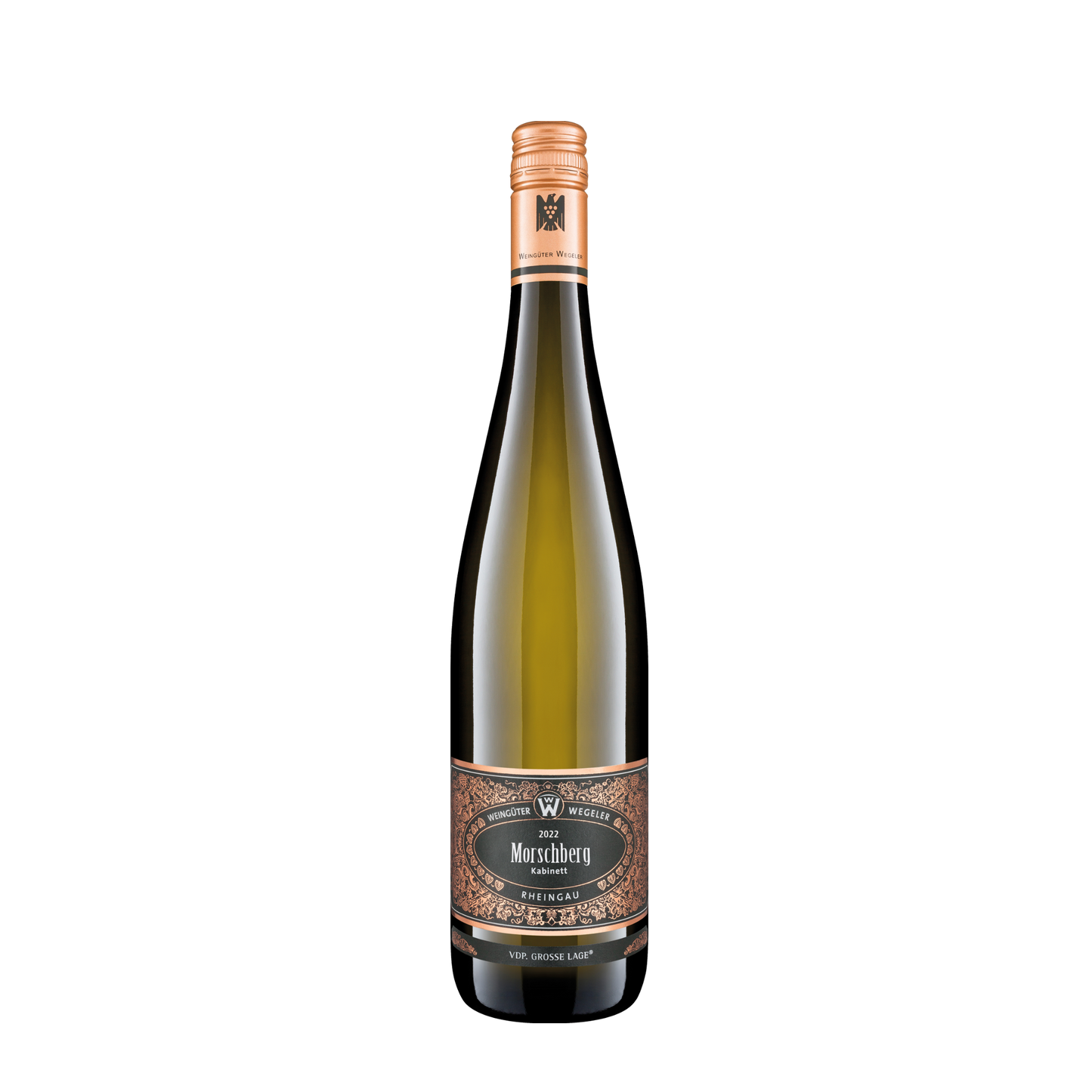 braune Weinflasche mit goldenem Etikett und der Aufschrift "2022, Morschberg Kabinett Rheingau"  und dem Zusatz "VDP. Große Lage"