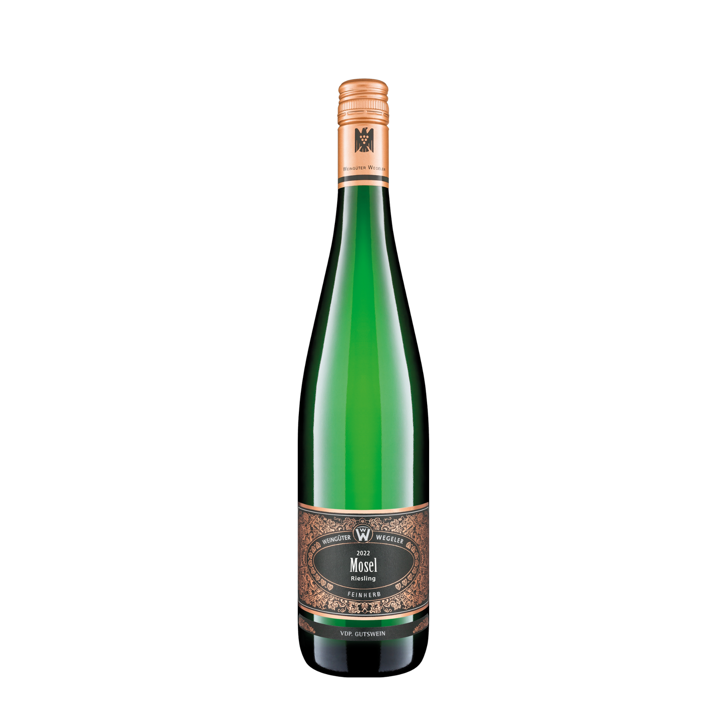 grüne Weinflasche mit goldenem Etikett und der Aufschrift "2022 Mosel Riesling feinherb" und dem Zusatz "VDP. Gutswein".