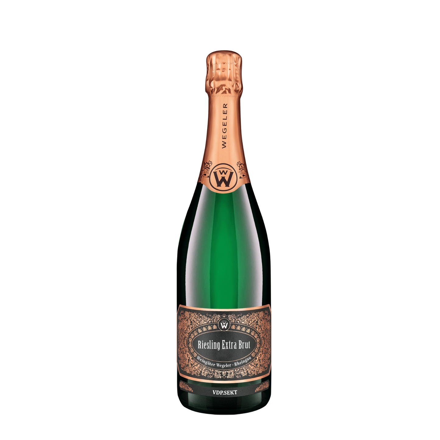 grüne Sektflasche mit goldenem Etikett mit der Aufschrift "Riesling Extra Brut"
