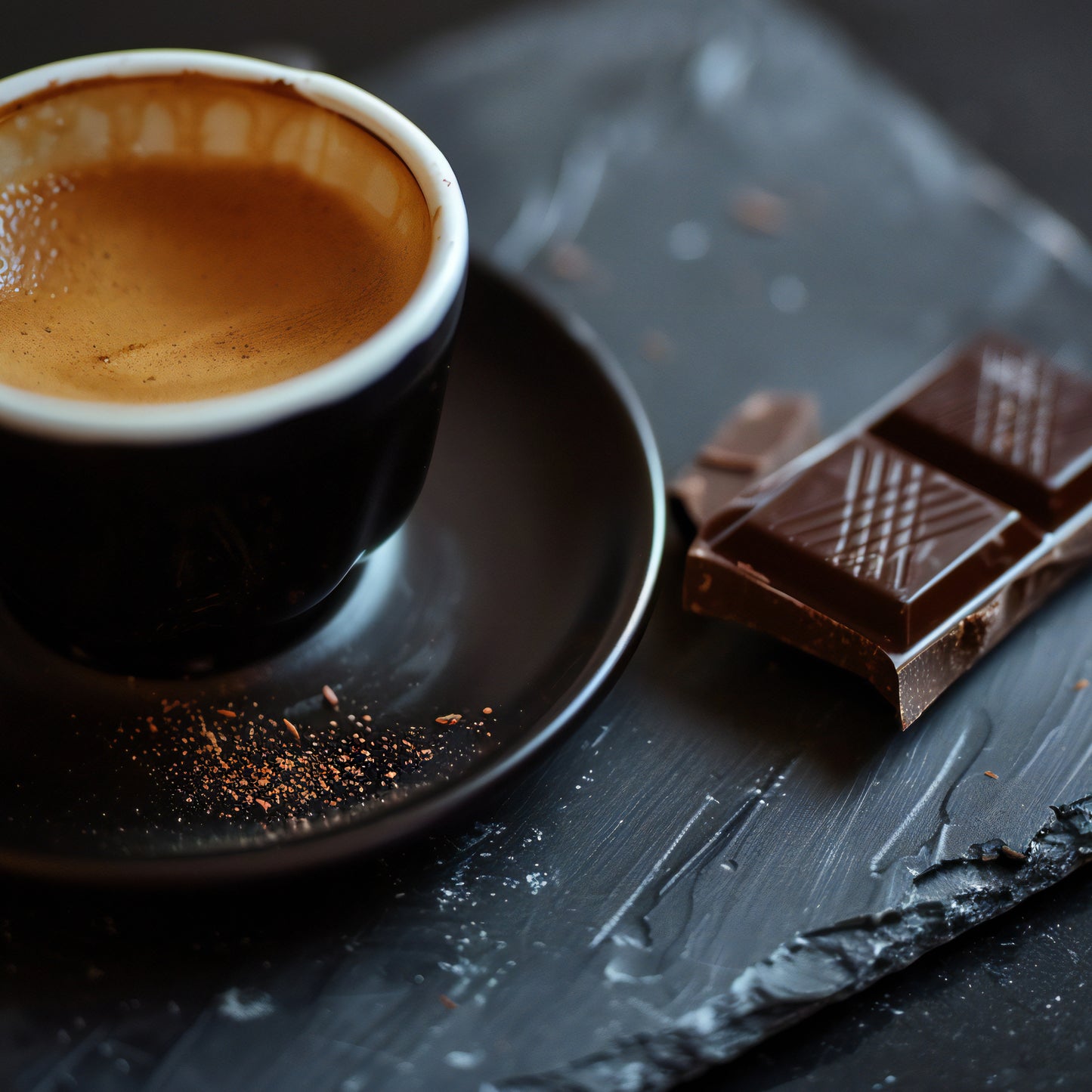 Espressotasse mit einem Stück dunkler Schokolade