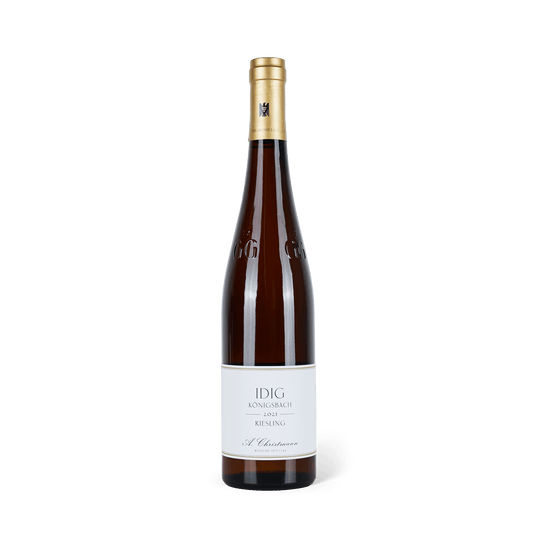 Weinflasche stehend, goldene Banderole, weißes Etikett mit der Aufschrift: "A. Christmann - Idig Riesling trocken GG 2021"