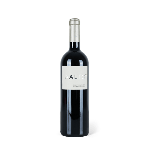 Stehende Weinflasche, Schriftzug AALTO, weißes Etikett auf dunkler Flasche