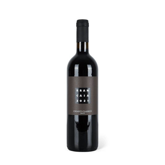 Rotweinflasche stehend, schwarze Banderole, dunkles Etikett mit der Aufschrift: "Brancaia" 