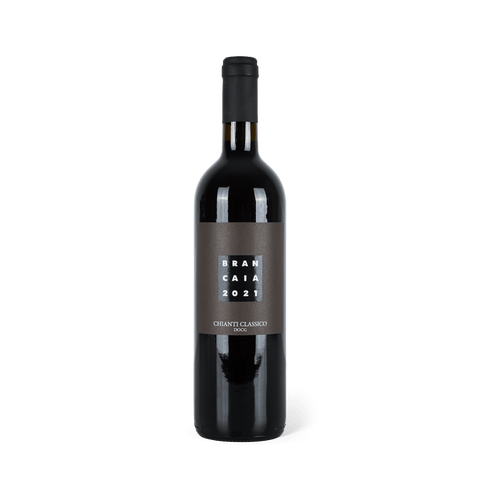 Rotweinflasche stehend, schwarze Banderole, dunkles Etikett mit der Aufschrift: "Brancaia"