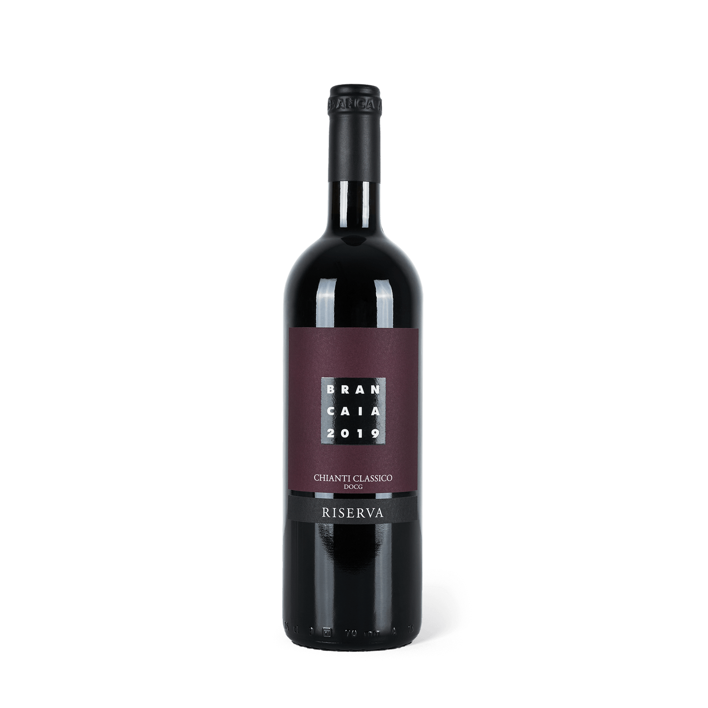 Rotweinflasche stehend, schwarze Banderole, dunkelrotes Etikett mit der Aufschrift: "Brancaia 2019"