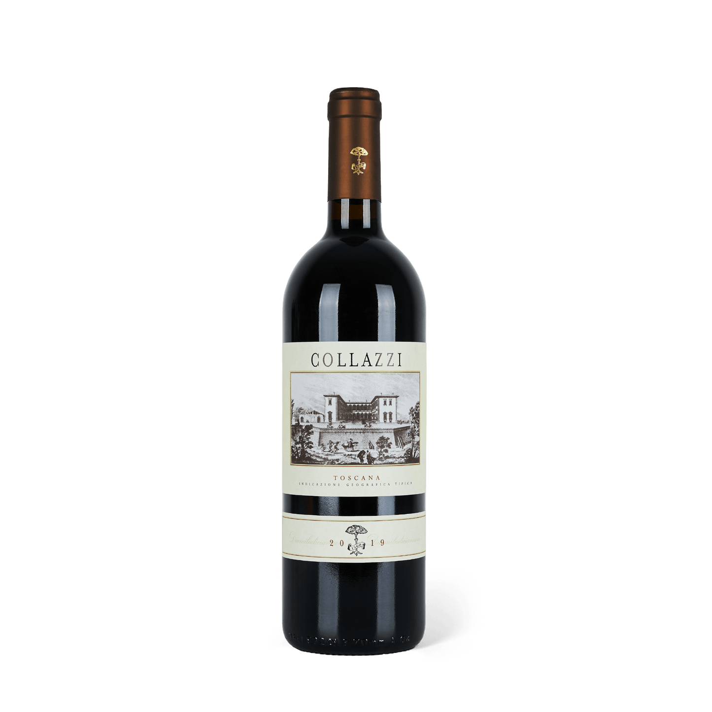 Roweinflasche stehend, dunkelrote Banderole, weißes Etikett mit schwarzer Schrift:  " Collazzi - Toscana IGT 2019" und einem Bild des Weinguts