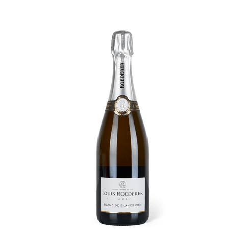 Champagnerflasche stehend, silberne Banderole, weißes Etikett mit Aufschrift: "Louis Roederer Blancs de Blancs 2014"