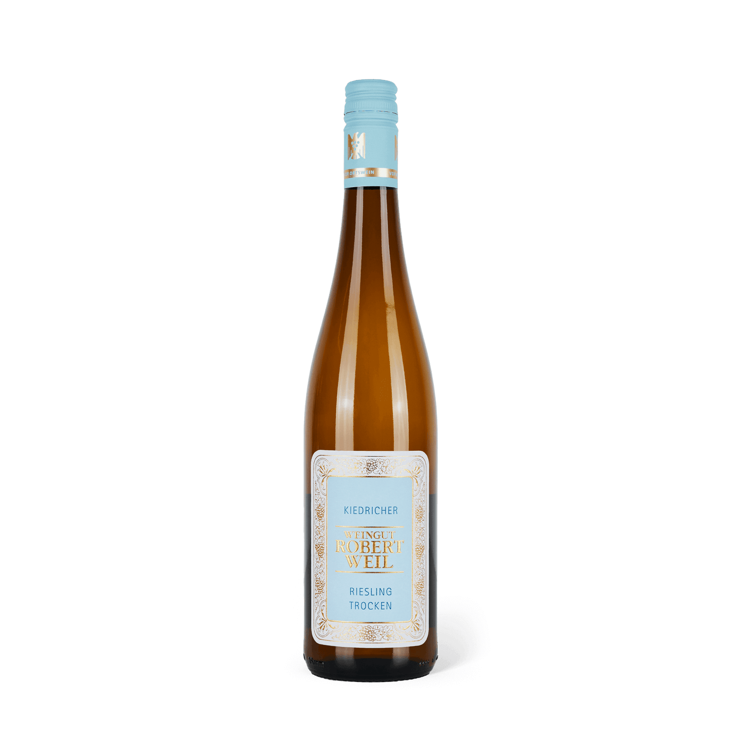 braune Rieslingflasche stehend mit türkisem Etikett mit der Aufschrift "WEINGUT ROBERT WEIL"