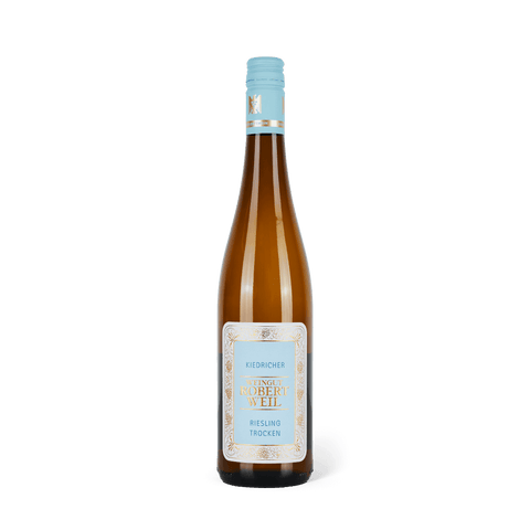 braune Rieslingflasche stehend mit türkisem Etikett mit der Aufschrift "WEINGUT ROBERT WEIL"