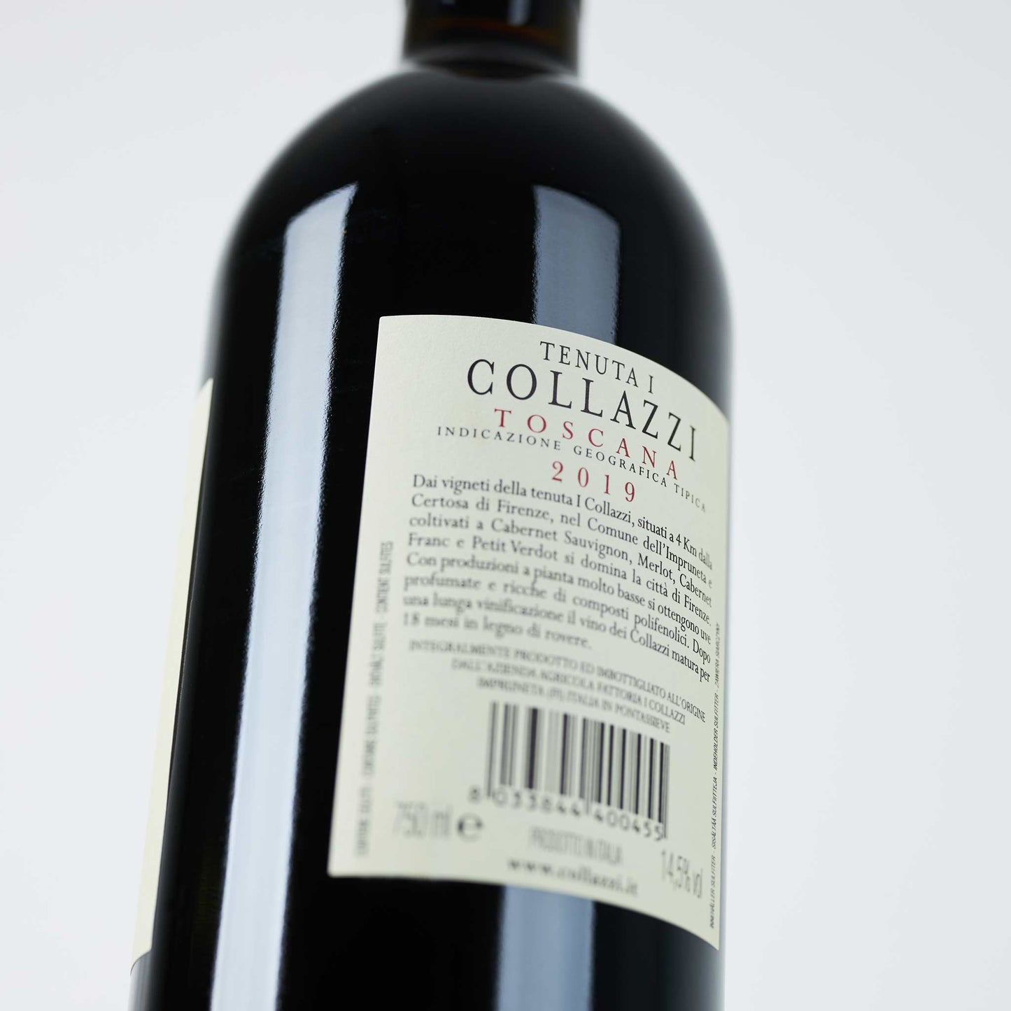 Flaschenrückseite, weißes Etikett: Tenuta 1, Colazzi Toscana 2019